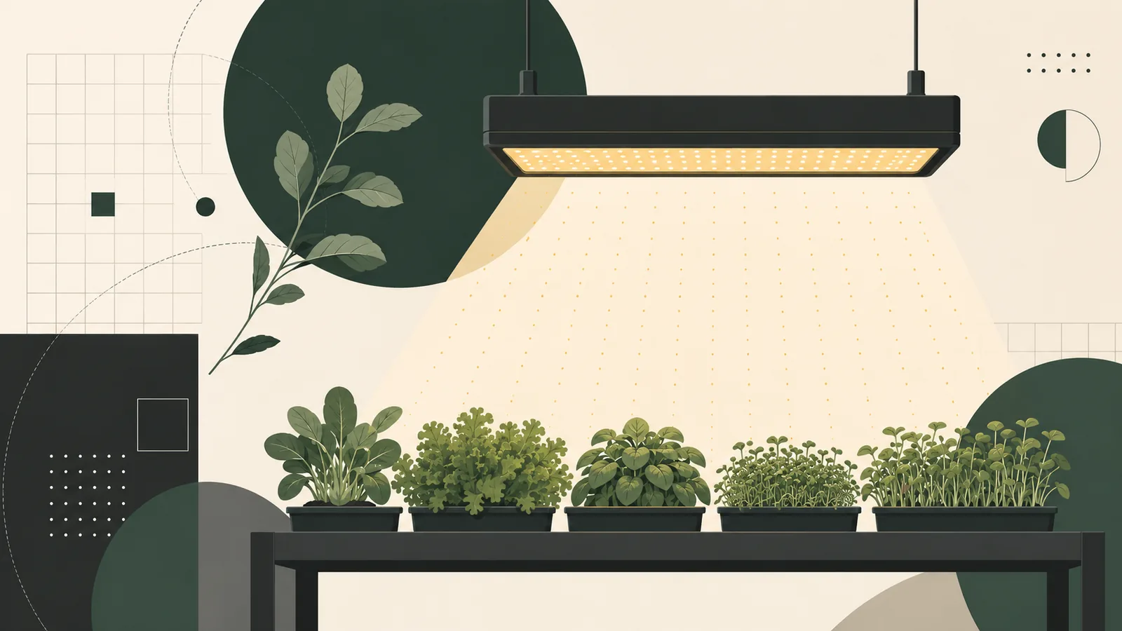 Indoor grow-light panel over trays of leafy greens illustrating plant-light metrics